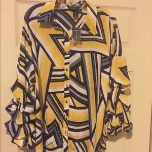 Blue/yellow multi parachute sleeve blouse